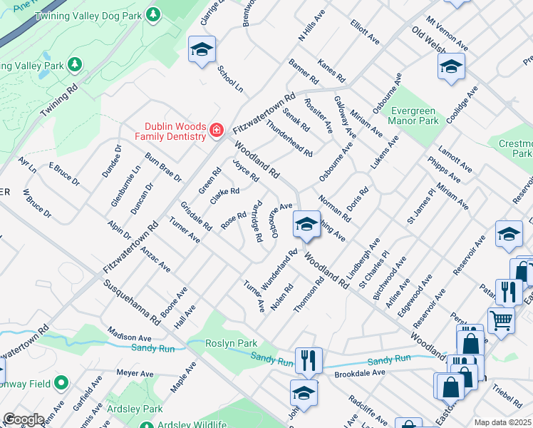 map of restaurants, bars, coffee shops, grocery stores, and more near 1362 Osbourne Avenue in Abington