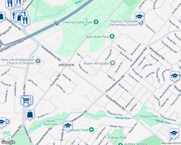 map of restaurants, bars, coffee shops, grocery stores, and more near 3204 Ayr Lane in Dresher