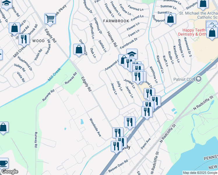 map of restaurants, bars, coffee shops, grocery stores, and more near 112 Junewood Drive in Levittown