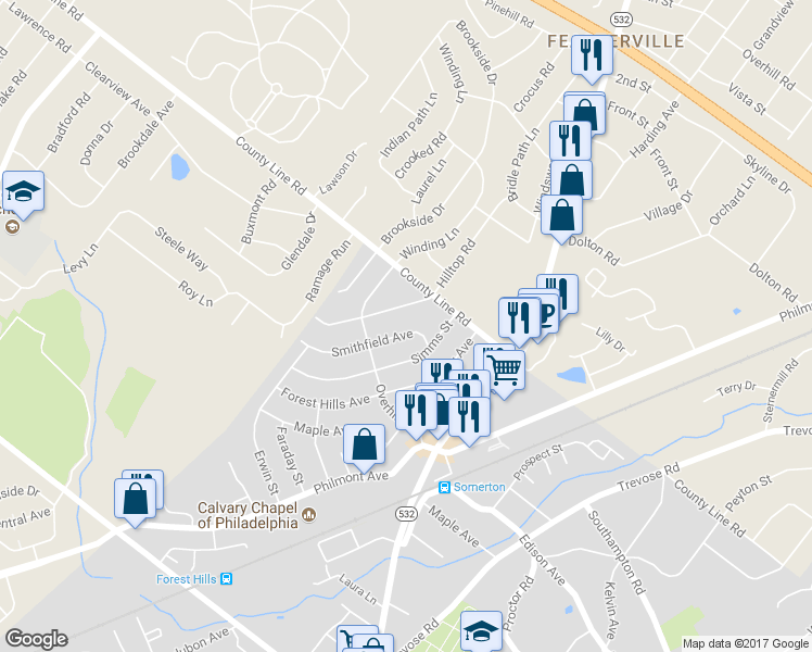 map of restaurants, bars, coffee shops, grocery stores, and more near 517 Smithfield Avenue in Philadelphia