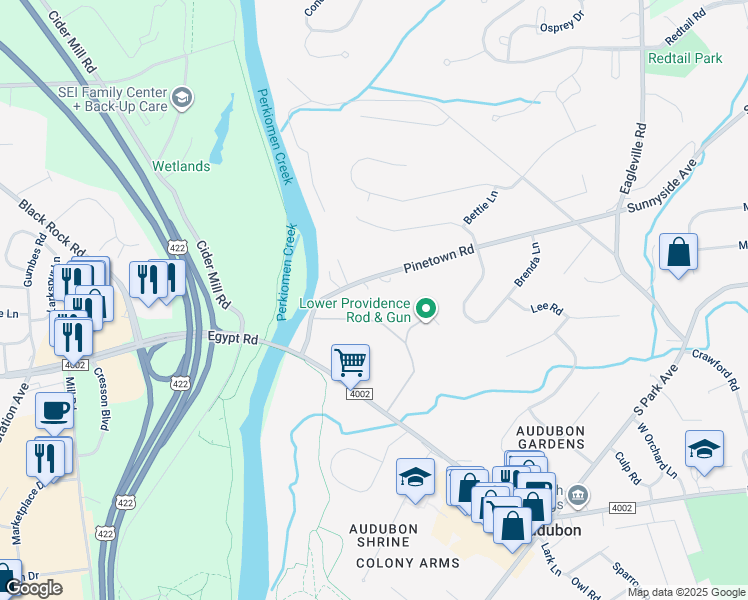 map of restaurants, bars, coffee shops, grocery stores, and more near 224 Pinetown Road in Eagleville