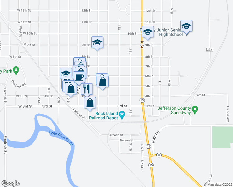 map of restaurants, bars, coffee shops, grocery stores, and more near 827 4th Street in Fairbury