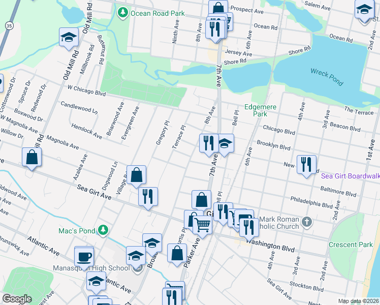 map of restaurants, bars, coffee shops, grocery stores, and more near 2163 8th Avenue in Sea Girt
