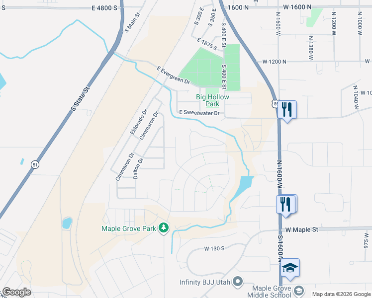 map of restaurants, bars, coffee shops, grocery stores, and more near East 2475 South in Springville
