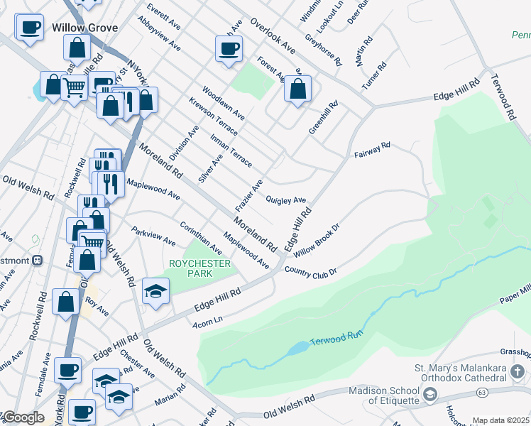 map of restaurants, bars, coffee shops, grocery stores, and more near 513 Evans Avenue in Willow Grove