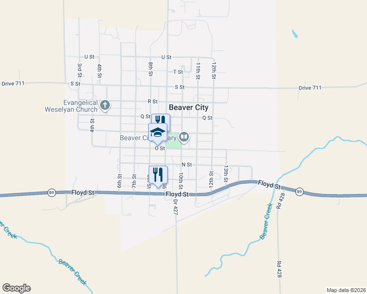 map of restaurants, bars, coffee shops, grocery stores, and more near 1000 O Street in Beaver City