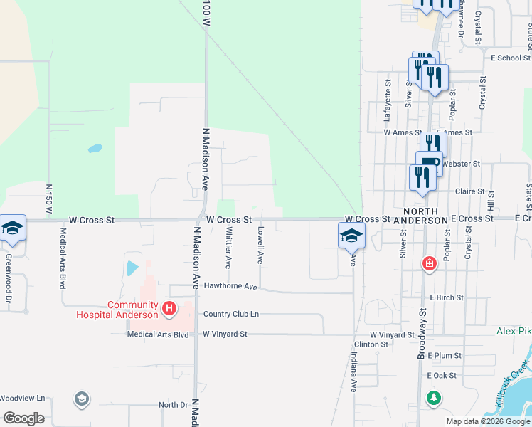 map of restaurants, bars, coffee shops, grocery stores, and more near 708 West Cross Street in Anderson