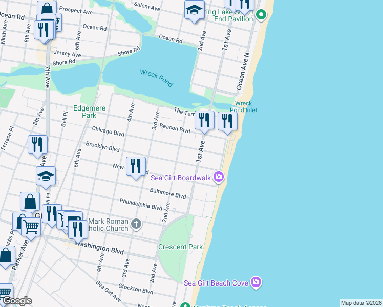 map of restaurants, bars, coffee shops, grocery stores, and more near 106 Chicago Boulevard in Sea Girt