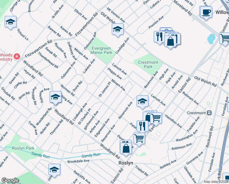 map of restaurants, bars, coffee shops, grocery stores, and more near 1547 Birchwood Avenue in Abington