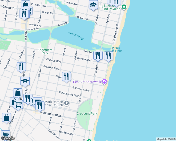 map of restaurants, bars, coffee shops, grocery stores, and more near 202 2nd Avenue in Sea Girt