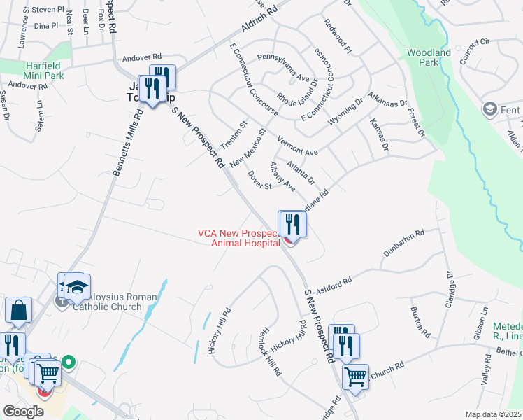 map of restaurants, bars, coffee shops, grocery stores, and more near 119 South New Prospect Road in Jackson Township
