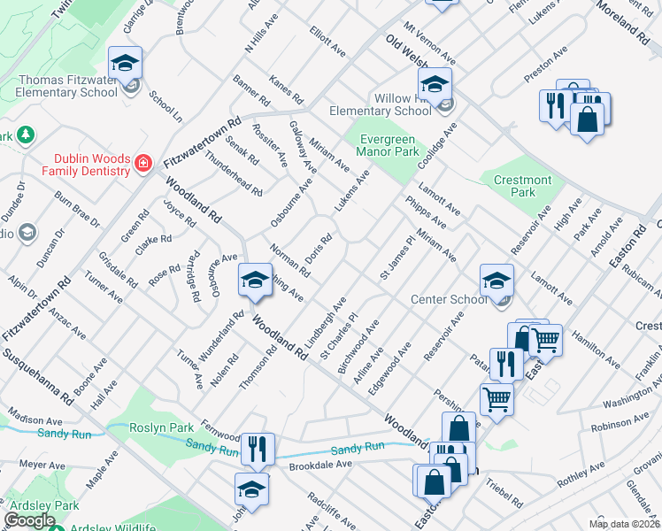 map of restaurants, bars, coffee shops, grocery stores, and more near 1438 Thomson Road in Abington