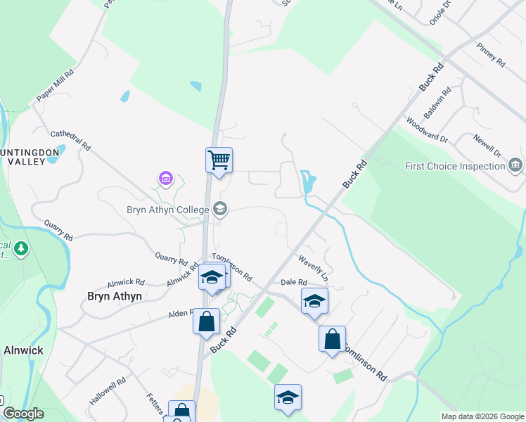 map of restaurants, bars, coffee shops, grocery stores, and more near 2895 Campus Drive in Bryn Athyn