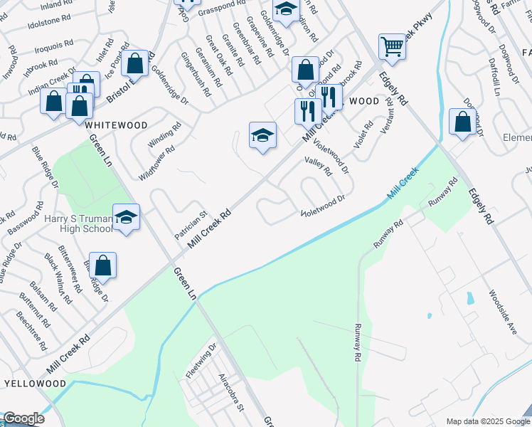 map of restaurants, bars, coffee shops, grocery stores, and more near 34 Vineyard Road in Levittown