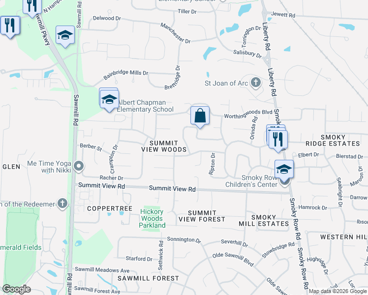 map of restaurants, bars, coffee shops, grocery stores, and more near 8792 Shillington Drive in Powell