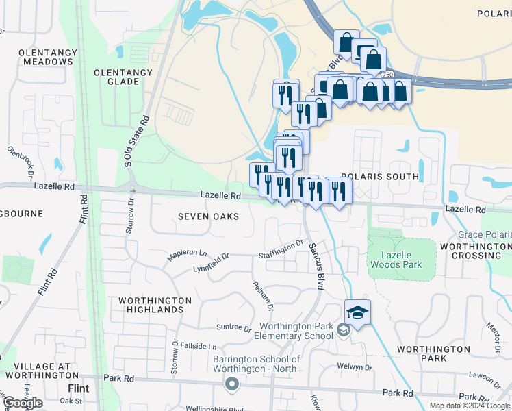 map of restaurants, bars, coffee shops, grocery stores, and more near 439 Lazelle Road in Westerville