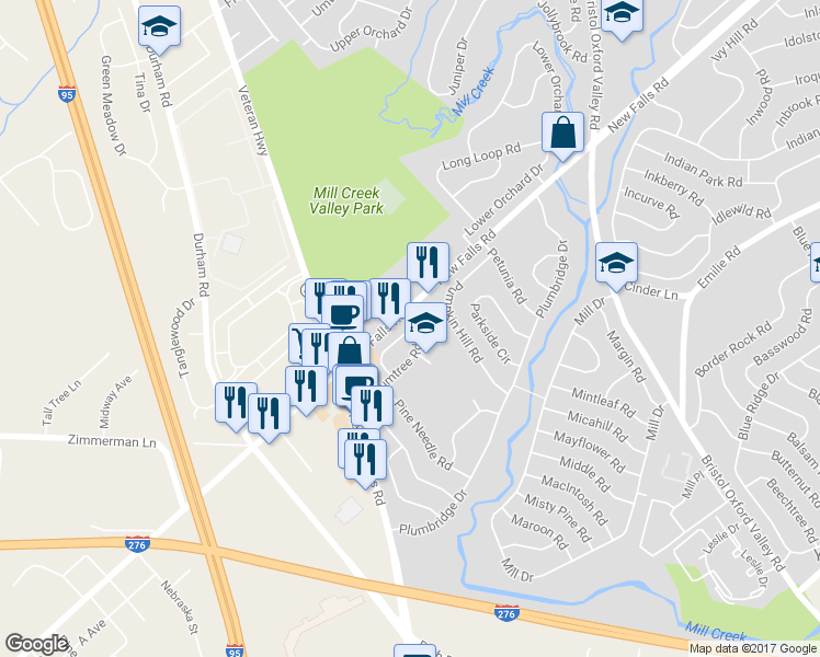 map of restaurants, bars, coffee shops, grocery stores, and more near 122 Plumtree Road in Levittown