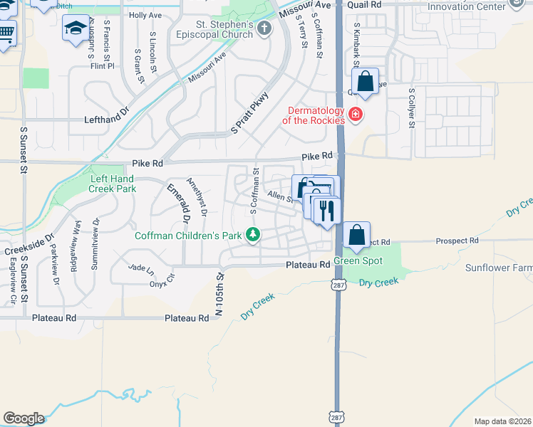 map of restaurants, bars, coffee shops, grocery stores, and more near 843 Tempted Ways Drive in Longmont