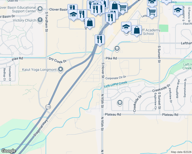 map of restaurants, bars, coffee shops, grocery stores, and more near 1901 South Hover Road in Longmont
