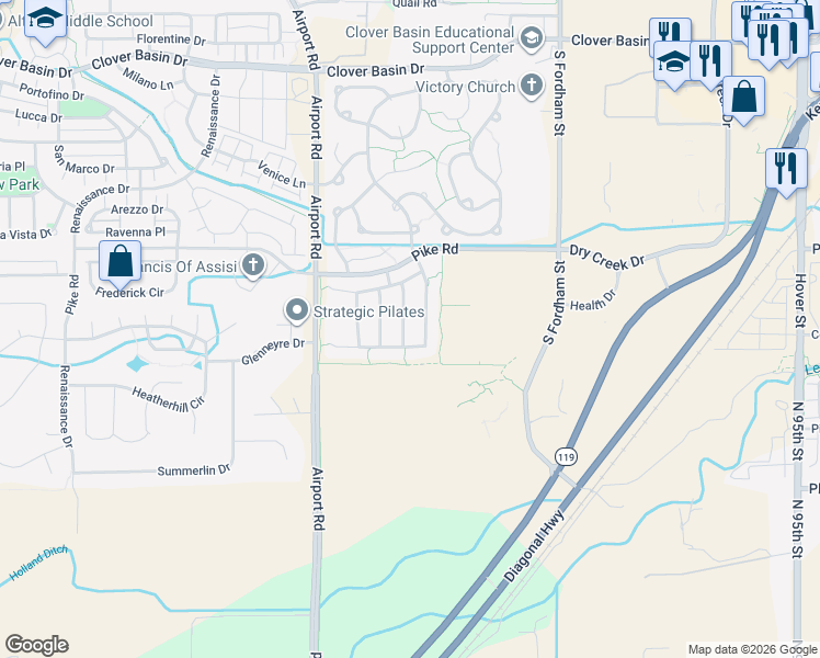 map of restaurants, bars, coffee shops, grocery stores, and more near 1908 Clover Creek Drive in Longmont