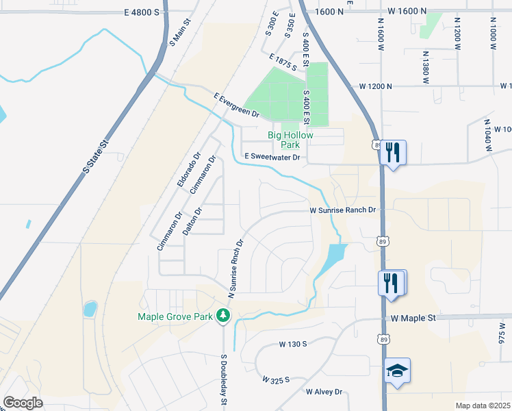 map of restaurants, bars, coffee shops, grocery stores, and more near East 2475 South in Springville