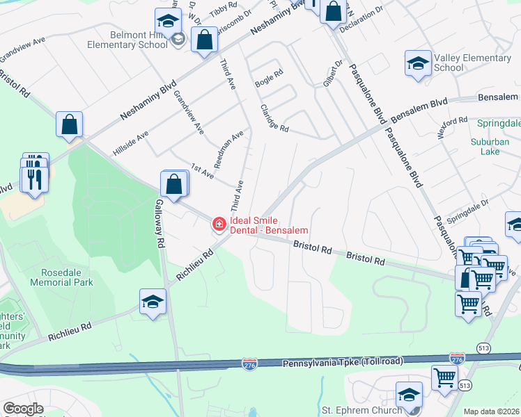 map of restaurants, bars, coffee shops, grocery stores, and more near 4627 Acton Court in Bensalem