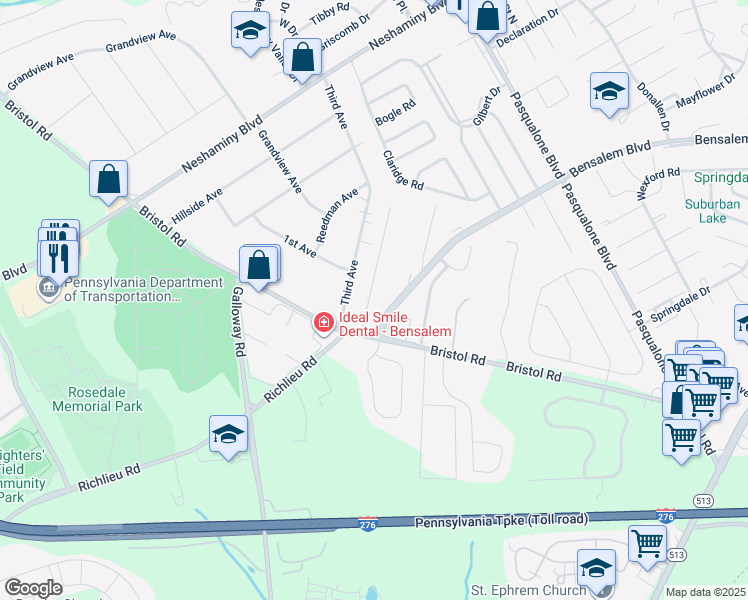 map of restaurants, bars, coffee shops, grocery stores, and more near 4627 Acton Court in Bensalem