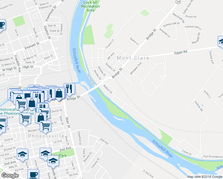 map of restaurants, bars, coffee shops, grocery stores, and more near 129 Walnut Street in Mont Clare