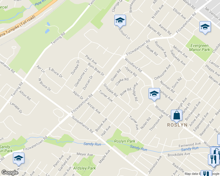 map of restaurants, bars, coffee shops, grocery stores, and more near 2965 Grisdale Road in Abington