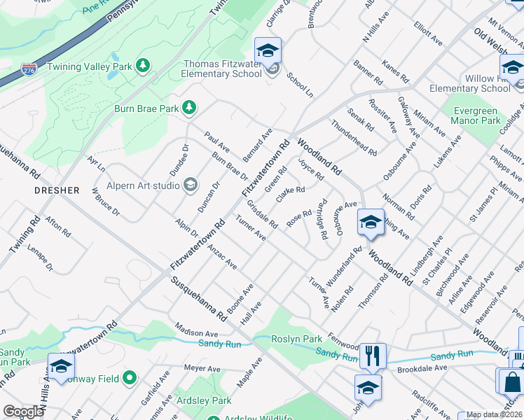map of restaurants, bars, coffee shops, grocery stores, and more near 2965 Grisdale Road in Abington