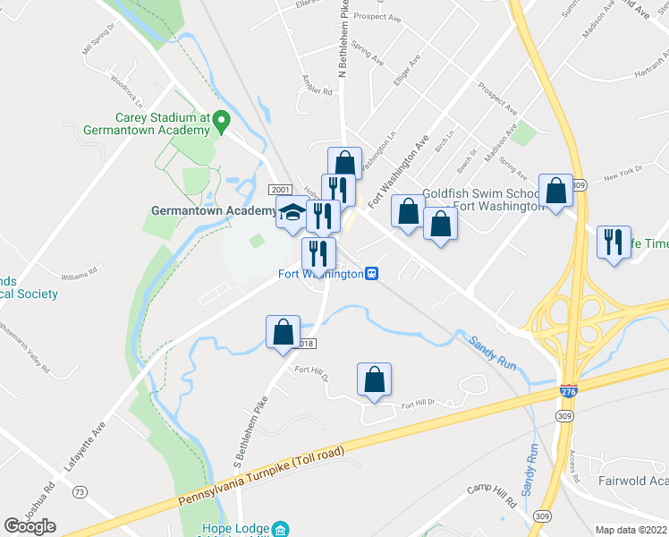 map of restaurants, bars, coffee shops, grocery stores, and more near 437 South Bethlehem Pike in Fort Washington