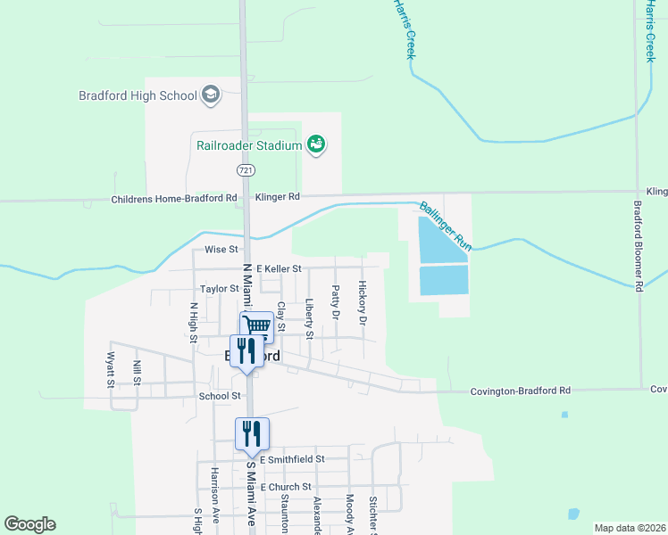 map of restaurants, bars, coffee shops, grocery stores, and more near 604 East Keller Street in Bradford