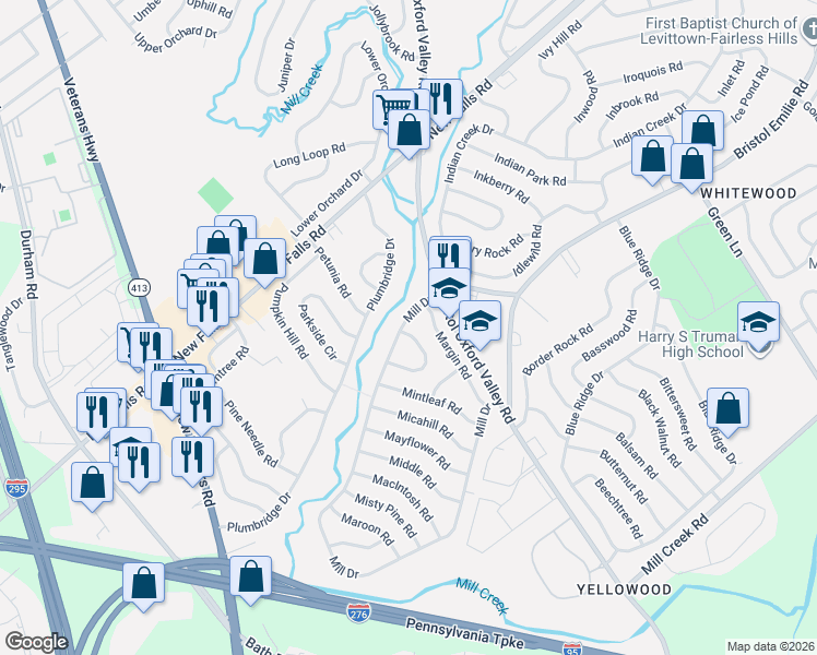 map of restaurants, bars, coffee shops, grocery stores, and more near 294 Mill Drive in Levittown