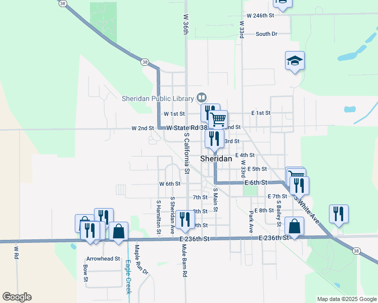 map of restaurants, bars, coffee shops, grocery stores, and more near 207 West 4th Street in Sheridan
