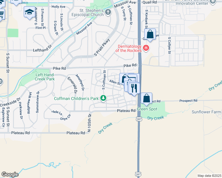 map of restaurants, bars, coffee shops, grocery stores, and more near 843 Tempted Ways Drive in Longmont