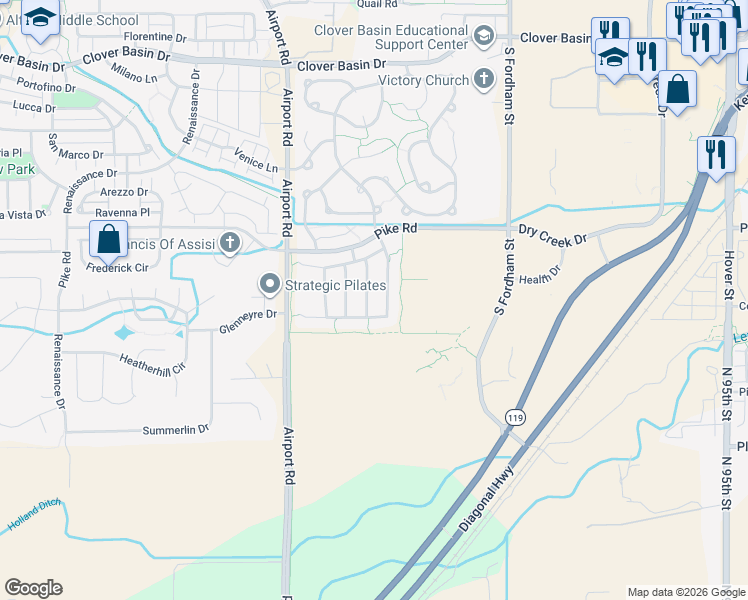 map of restaurants, bars, coffee shops, grocery stores, and more near 1908 Clover Creek Drive in Longmont