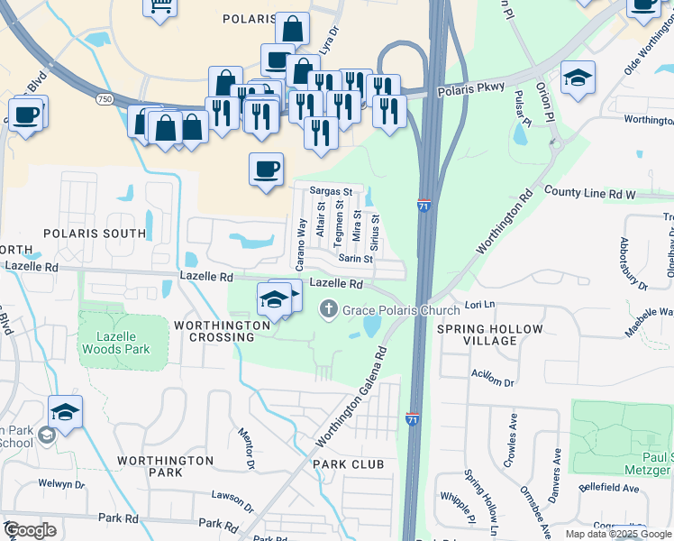 map of restaurants, bars, coffee shops, grocery stores, and more near 1532 Electra Street in Columbus