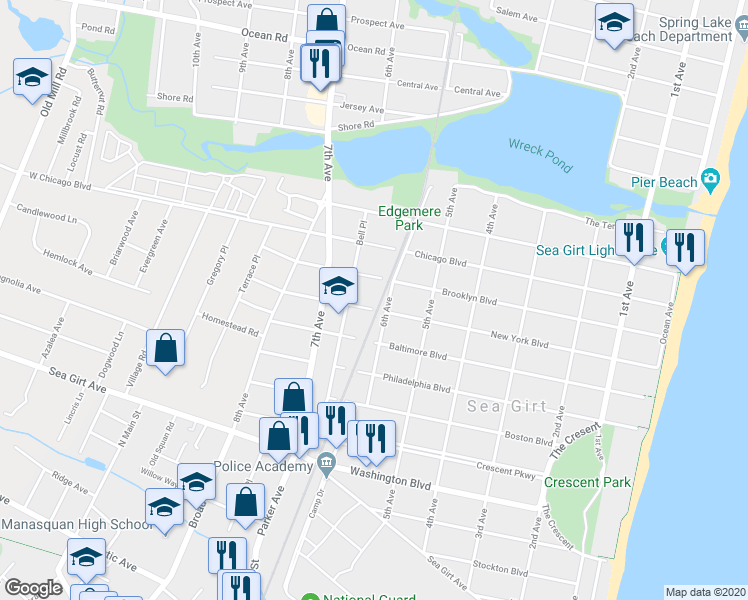 map of restaurants, bars, coffee shops, grocery stores, and more near 601 New York Boulevard in Sea Girt
