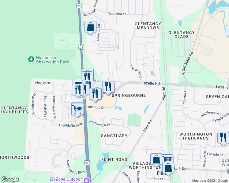 map of restaurants, bars, coffee shops, grocery stores, and more near Lazelle Rd E & Dillmont Dr in Columbus