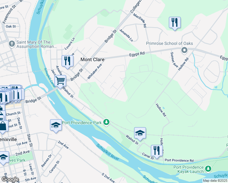 map of restaurants, bars, coffee shops, grocery stores, and more near 1310 Meadowview Lane in Mont Clare