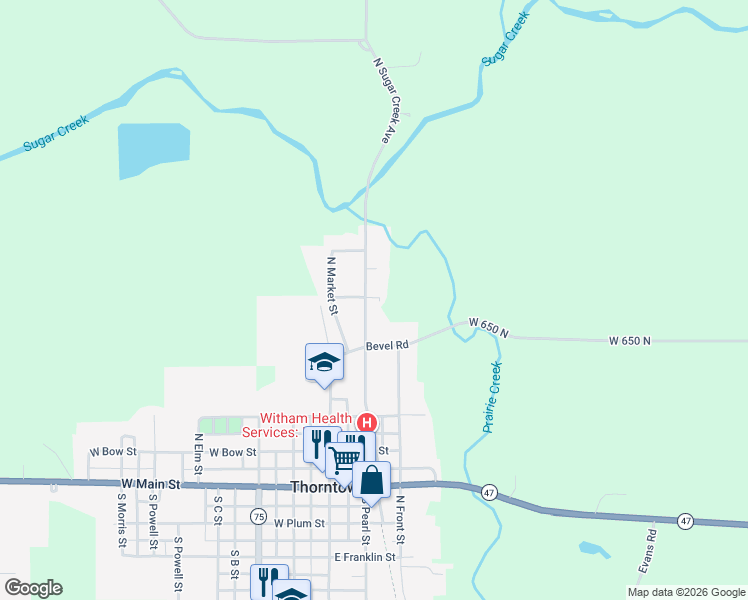 map of restaurants, bars, coffee shops, grocery stores, and more near 442 North Pearl Street in Thorntown