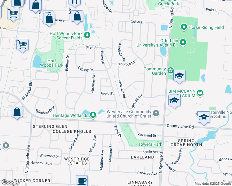 map of restaurants, bars, coffee shops, grocery stores, and more near 352 Burns Drive in Westerville