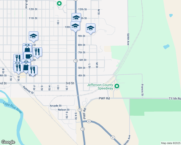 map of restaurants, bars, coffee shops, grocery stores, and more near 410 L Street in Fairbury