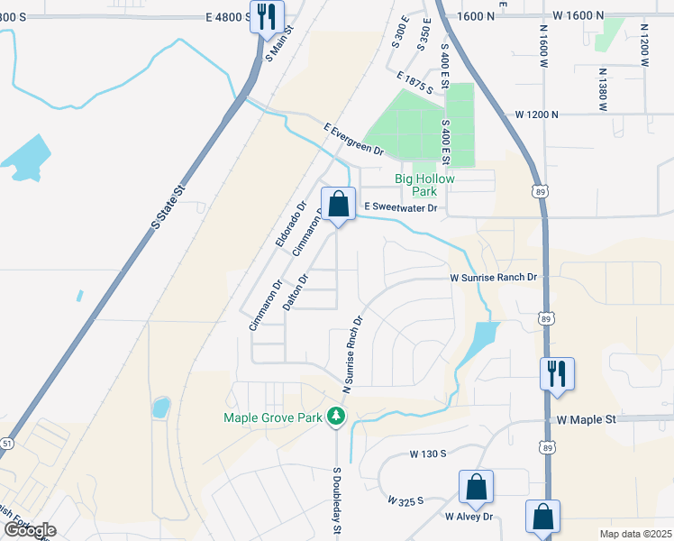map of restaurants, bars, coffee shops, grocery stores, and more near East 2475 South in Springville