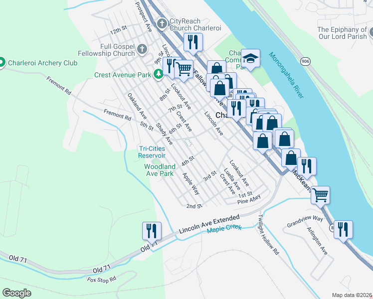 map of restaurants, bars, coffee shops, grocery stores, and more near 411 Meadow Avenue in Charleroi