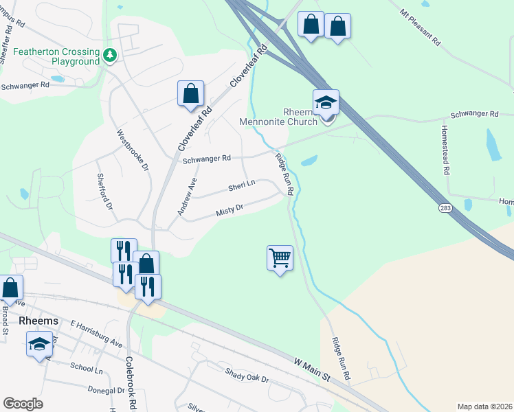 map of restaurants, bars, coffee shops, grocery stores, and more near 1922 Misty Drive in Mount Joy