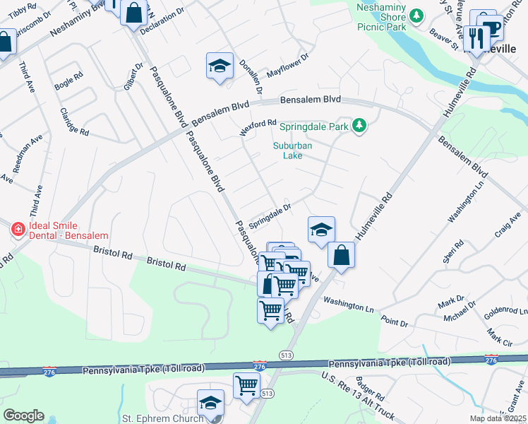 map of restaurants, bars, coffee shops, grocery stores, and more near 5736 Arcadia Court in Bensalem