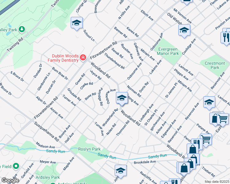 map of restaurants, bars, coffee shops, grocery stores, and more near 1389 Osbourne Avenue in Roslyn