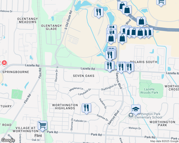 map of restaurants, bars, coffee shops, grocery stores, and more near 401 Lazelle Road in Westerville