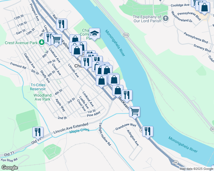map of restaurants, bars, coffee shops, grocery stores, and more near 205 McKean Avenue in Charleroi